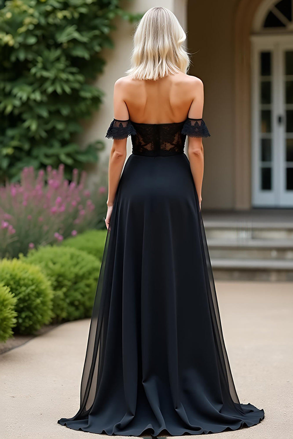 Black A Line Off The Shoulder Long Formal Dress with Slit