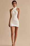 White Bodycon Halter Neck Satin Short Graduation Dress