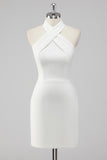 White Bodycon Halter Neck Satin Short Graduation Dress