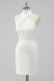 White Bodycon Halter Neck Satin Short Graduation Dress
