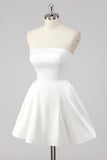 Simple White Satin A-Line Strapless Short Graduation Dress