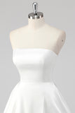 Simple White Satin A-Line Strapless Short Graduation Dress