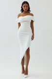 White Sheath Off the Shoulder Matte Satin Asymmetrical Formal Dress