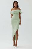 White Sheath Off the Shoulder Matte Satin Asymmetrical Formal Dress