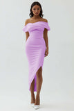 White Sheath Off the Shoulder Matte Satin Asymmetrical Formal Dress