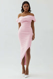 White Sheath Off the Shoulder Matte Satin Asymmetrical Formal Dress