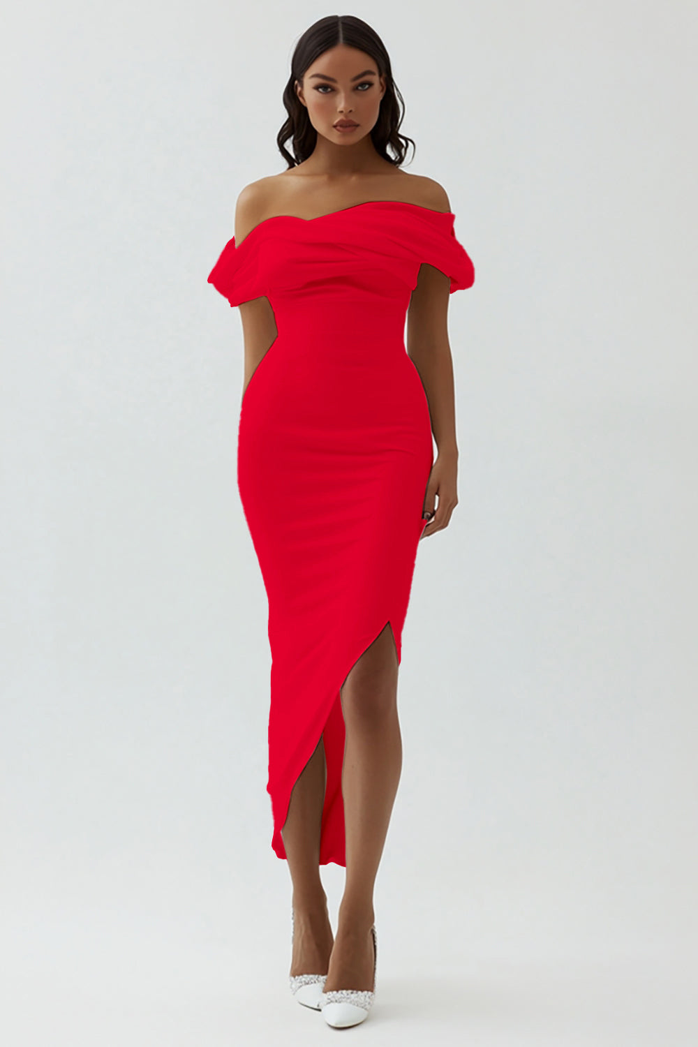 Red Sheath Off the Shoulder Matte Satin Asymmetrical Formal Dress