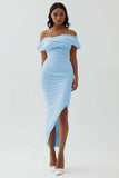 White Sheath Off the Shoulder Matte Satin Asymmetrical Formal Dress