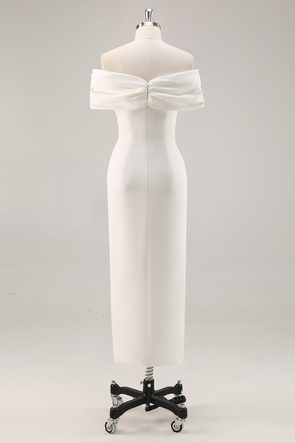 White Sheath Off the Shoulder Matte Satin Asymmetrical Formal Dress