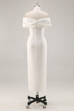 White Sheath Off the Shoulder Matte Satin Asymmetrical Formal Dress