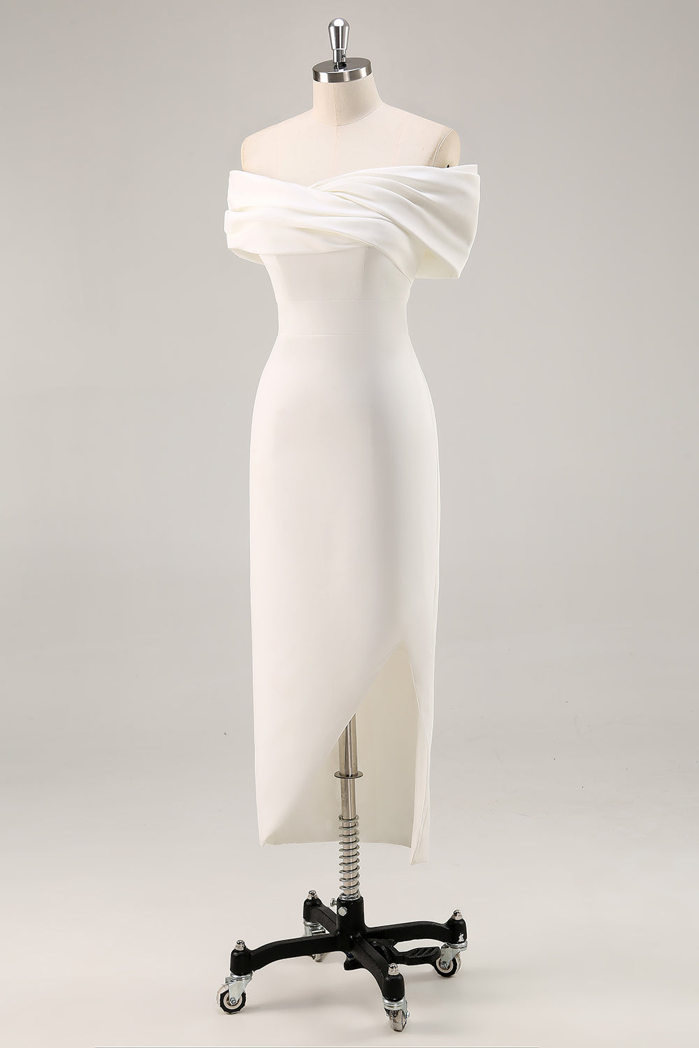 White Off the Shoulder Sheath Matte Satin Asymmetrical Formal Dress