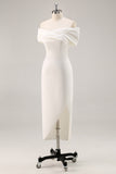 White Off the Shoulder Sheath Matte Satin Asymmetrical Formal Dress