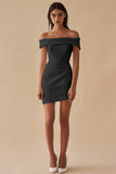 Satin Black Off the Shoulder Bodycon Short Cocktail Dress