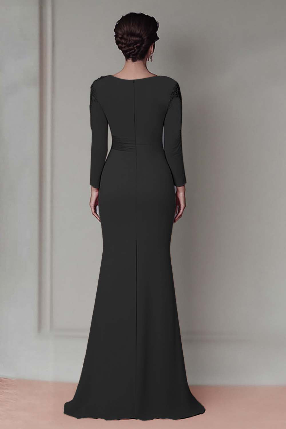 Black Sheath Satin Long Mother Of The Bride Dress with Sleeves