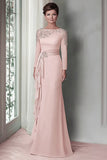 Blush Satin Round Neck Sheath Long Mother Of The Bride Dress with Sleeves