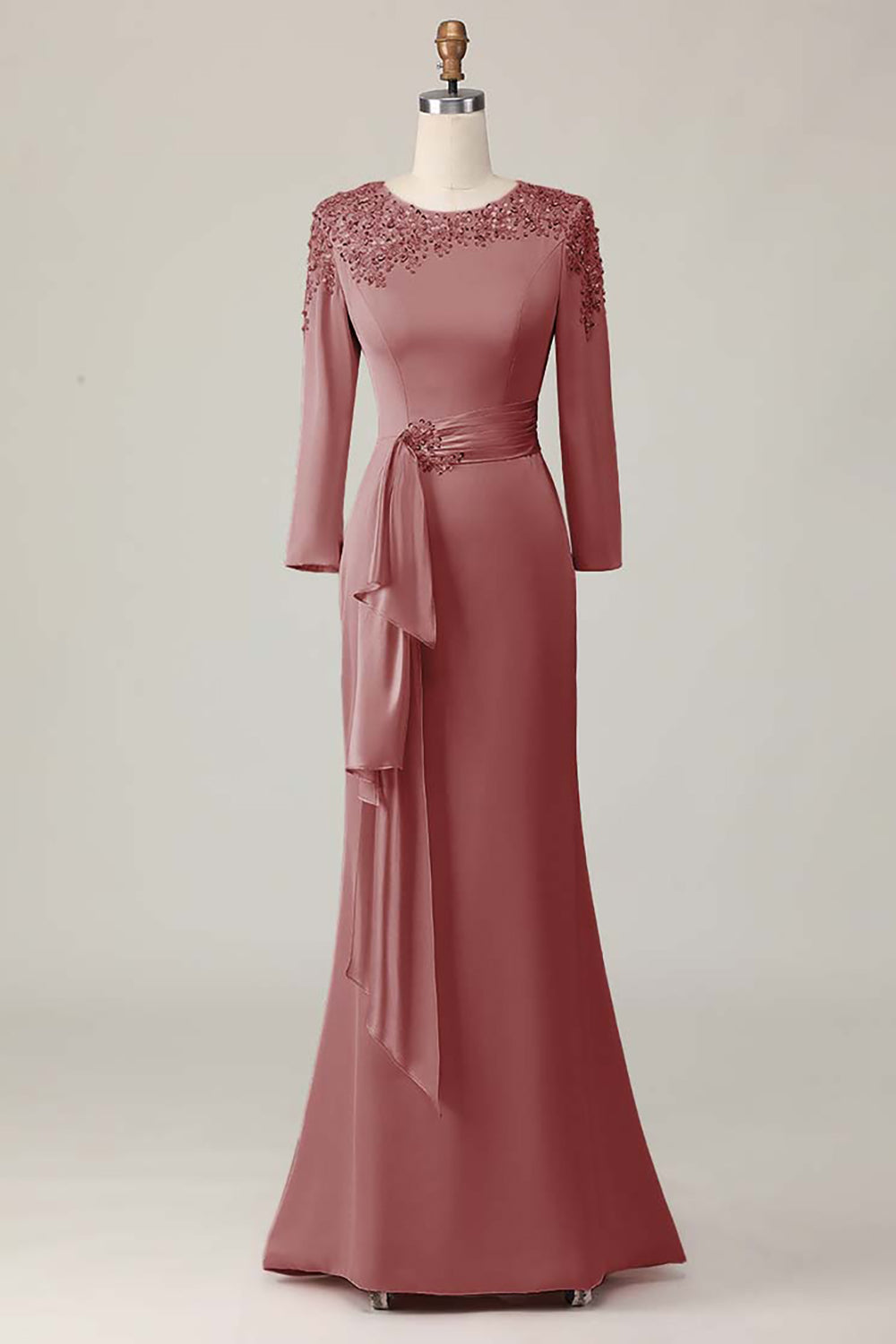 Blush Sheath Round Neck Long Mother Of The Bride Dress with Sleeves