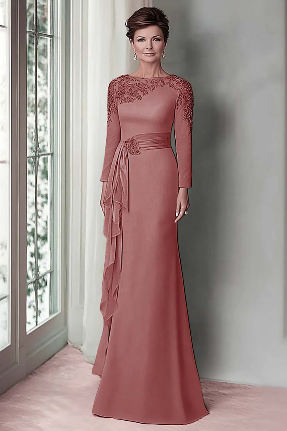 Blush Satin Round Neck Sheath Long Mother Of The Bride Dress with Sleeves