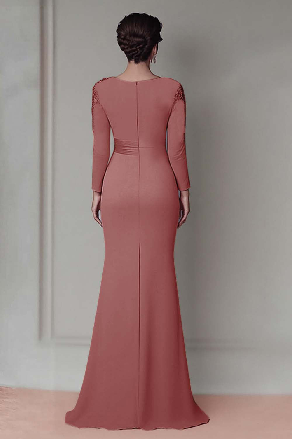 Blush Satin Round Neck Sheath Long Mother Of The Bride Dress with Sleeves