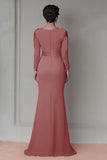 Blush Satin Round Neck Sheath Long Mother Of The Bride Dress with Sleeves