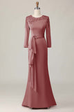 Blush Sheath Round Neck Long Mother Of The Bride Dress with Sleeves