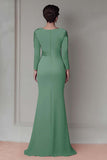 Blush Satin Round Neck Sheath Long Mother Of The Bride Dress with Sleeves