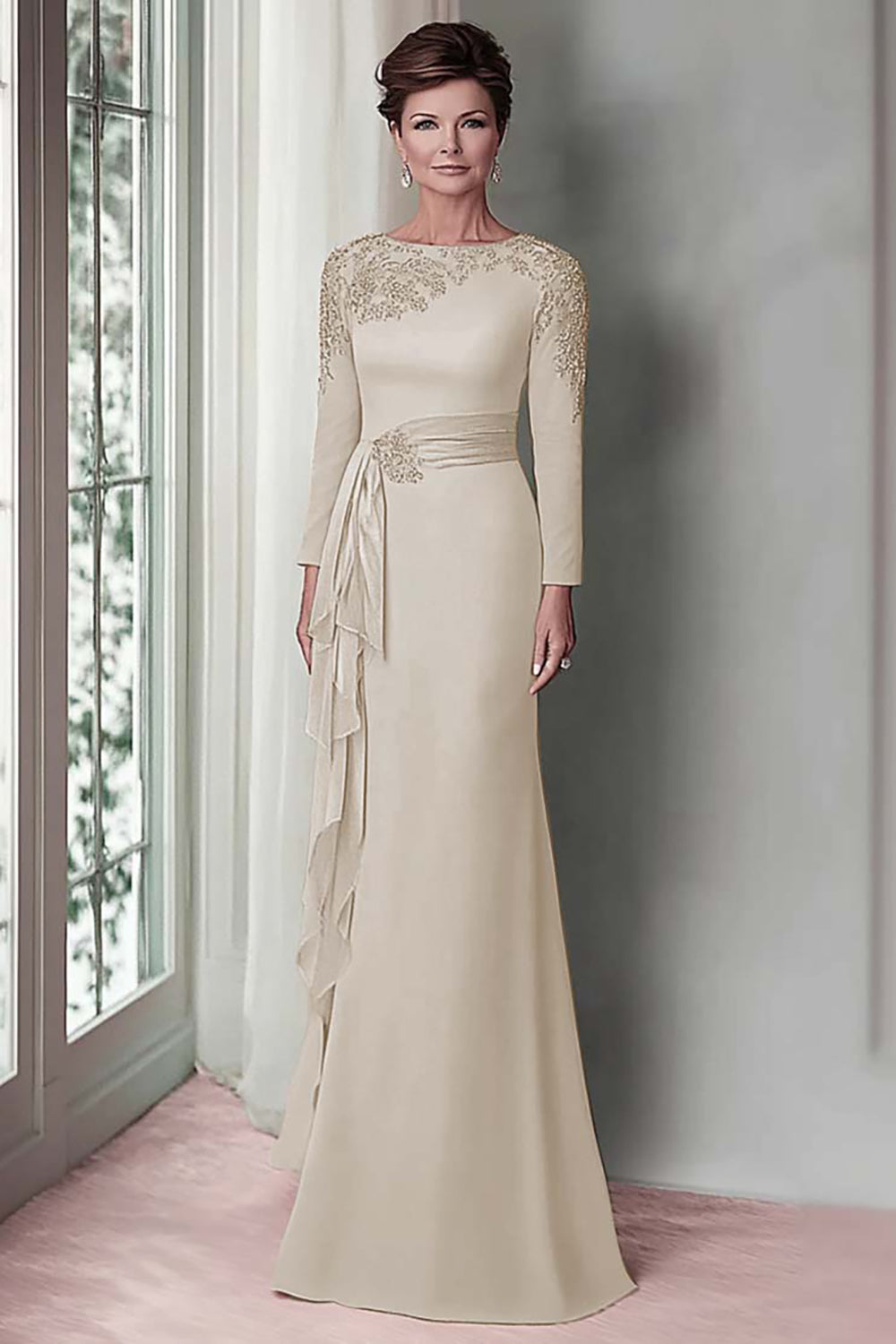 Blush Satin Round Neck Sheath Long Mother Of The Bride Dress with Sleeves