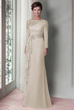 Blush Satin Round Neck Sheath Long Mother Of The Bride Dress with Sleeves