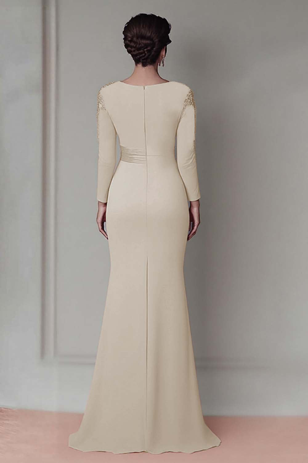 Blush Satin Round Neck Sheath Long Mother Of The Bride Dress with Sleeves
