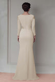 Blush Satin Round Neck Sheath Long Mother Of The Bride Dress with Sleeves