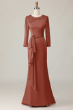 Blush Sheath Round Neck Long Mother Of The Bride Dress with Sleeves