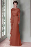 Blush Satin Round Neck Sheath Long Mother Of The Bride Dress with Sleeves