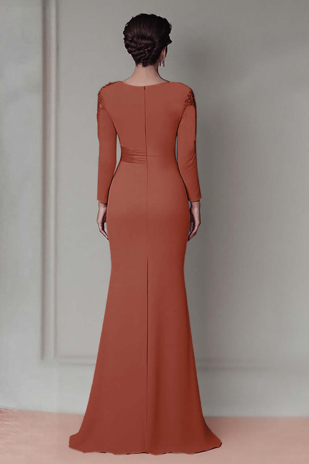 Blush Satin Round Neck Sheath Long Mother Of The Bride Dress with Sleeves