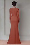 Blush Satin Round Neck Sheath Long Mother Of The Bride Dress with Sleeves