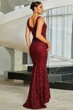 Sparkly Burgundy Mermaid Boat Neck Sequins Long Formal Dress