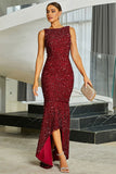 Sparkly Burgundy Mermaid Boat Neck Sequins Long Formal Dress