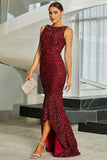Sparkly Burgundy Mermaid Boat Neck Sequins Long Formal Dress