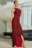 Sparkly Burgundy Mermaid Boat Neck Sequins Long Formal Dress