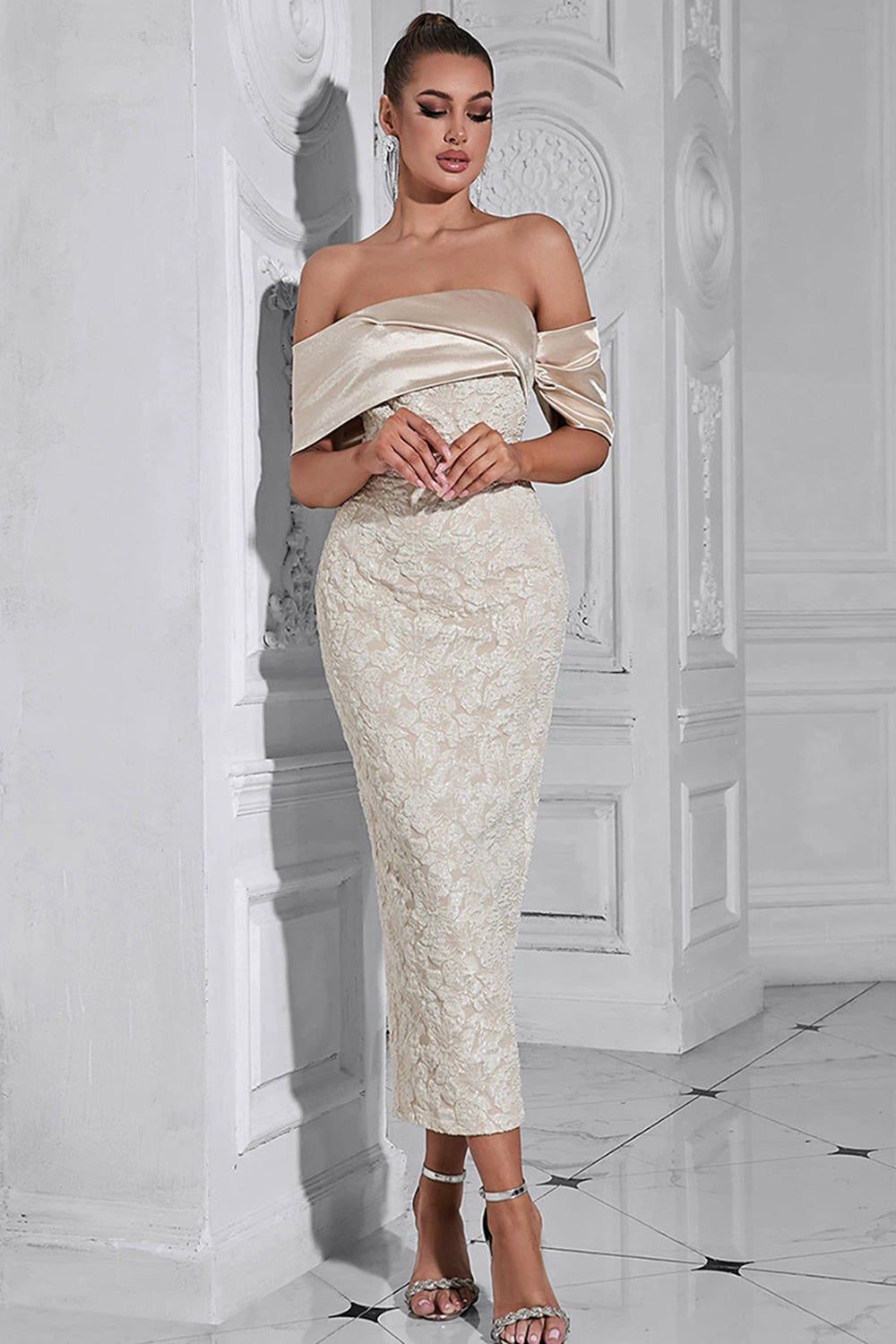 Apricot Off the Shoulder Floral Sheath Long Formal Dress