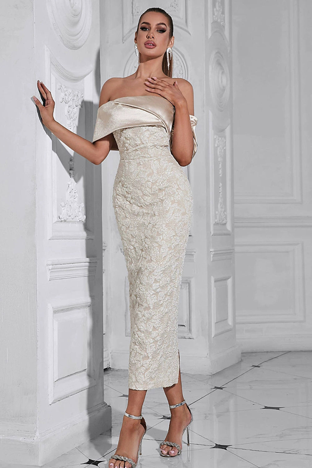 Apricot Off the Shoulder Floral Sheath Long Formal Dress