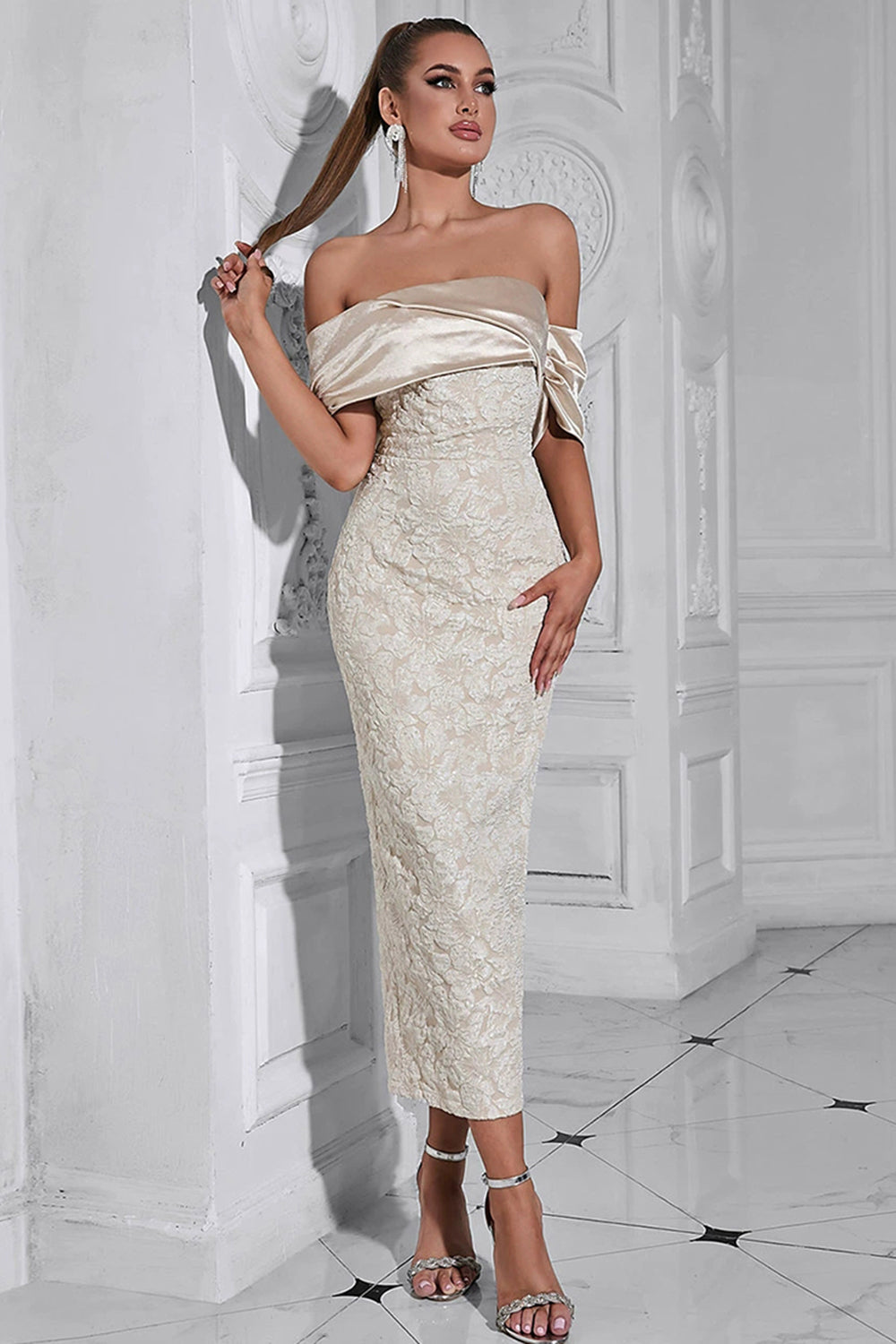 Apricot Off the Shoulder Floral Sheath Long Formal Dress