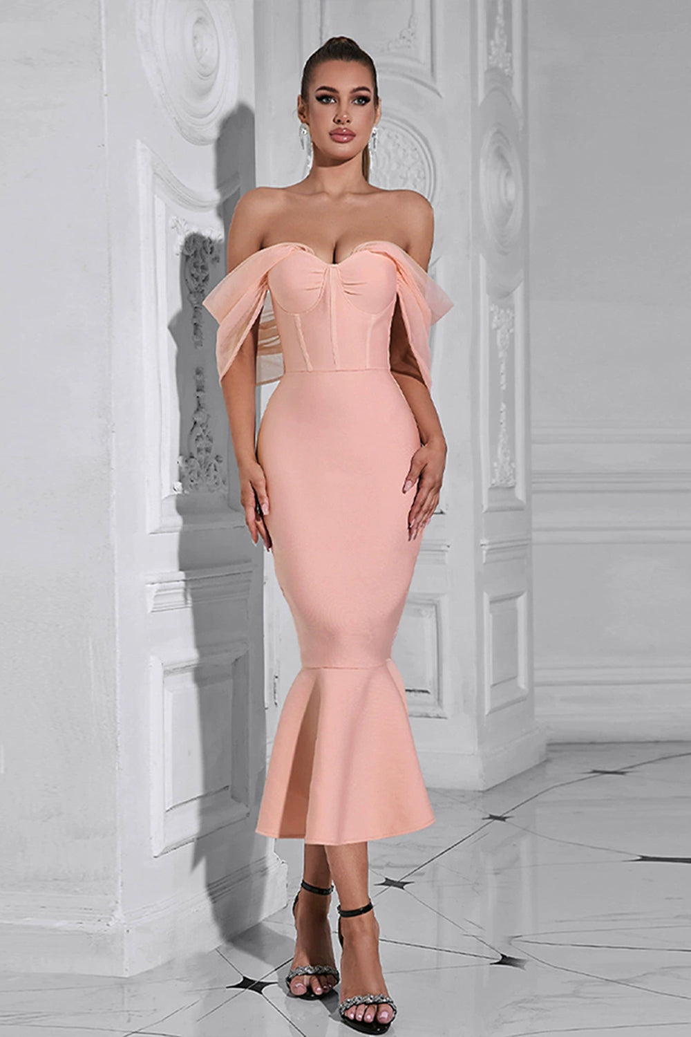 Blush Mermaid Corset Off the Shoulder Tea Length Formal Dress