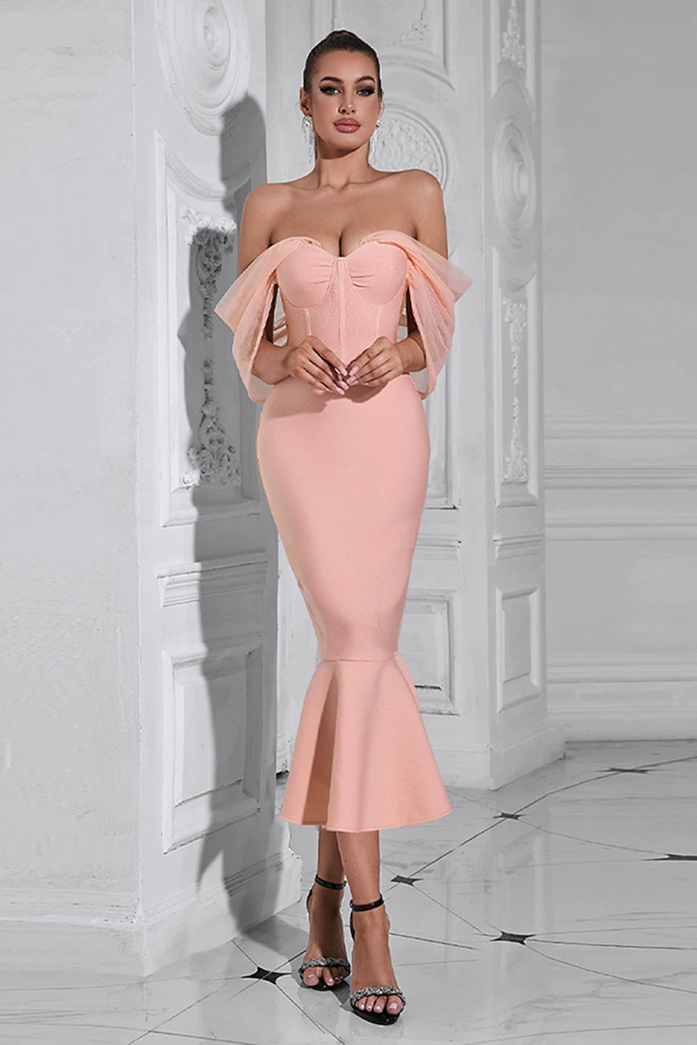 Blush Mermaid Corset Off the Shoulder Tea Length Formal Dress