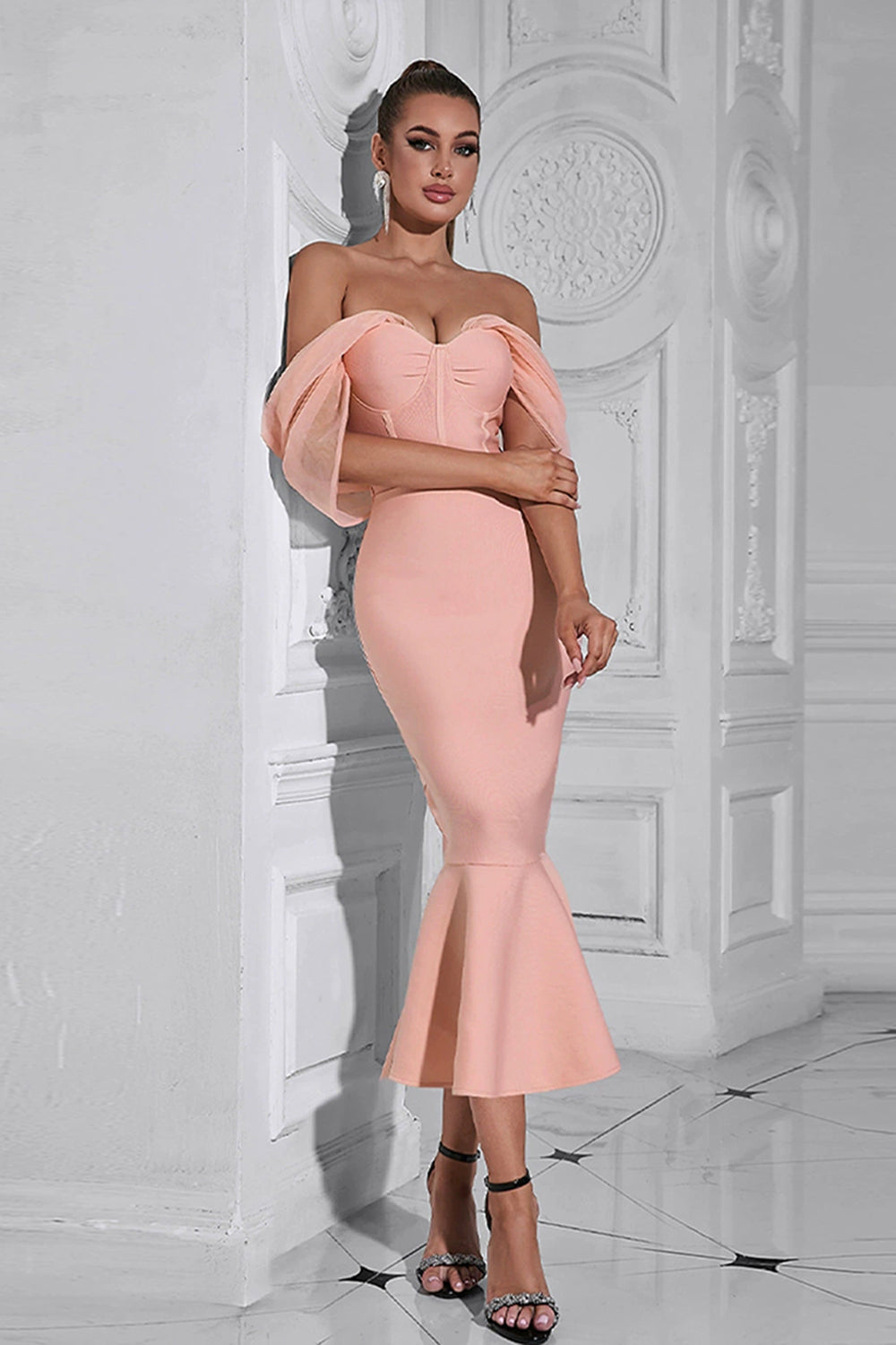 Blush Mermaid Corset Off the Shoulder Tea Length Formal Dress