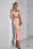 Blush Mermaid Corset Off the Shoulder Tea Length Formal Dress