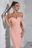 Blush Mermaid Corset Off the Shoulder Tea Length Formal Dress