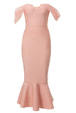 Blush Mermaid Corset Off the Shoulder Tea Length Formal Dress