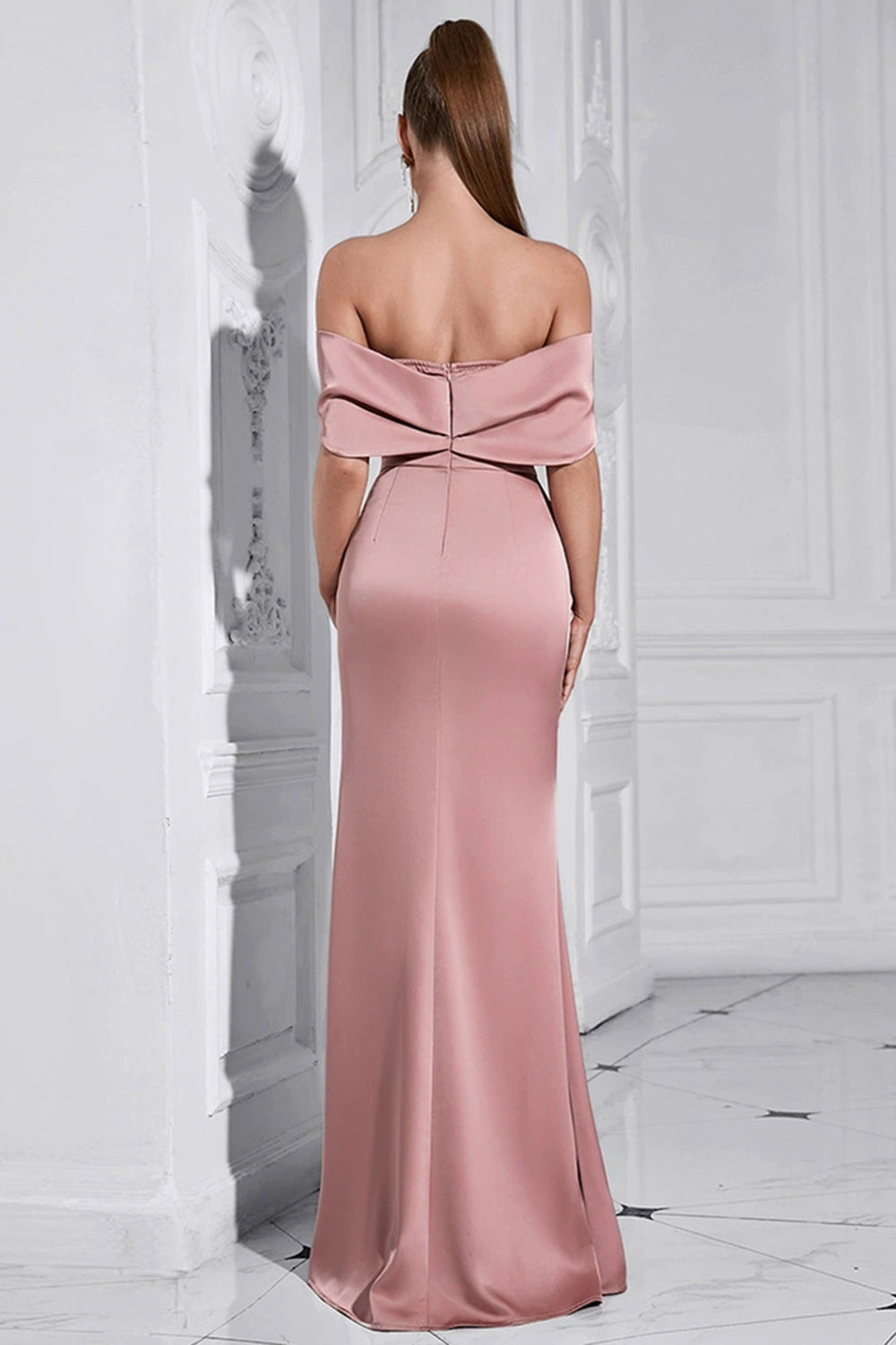 Sparkly Grey Pink Sheath Ruched Long Formal Dress with Slit