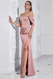 Sparkly Grey Pink Sheath Ruched Long Formal Dress with Slit