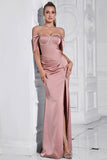 Sparkly Grey Pink Sheath Ruched Long Formal Dress with Slit