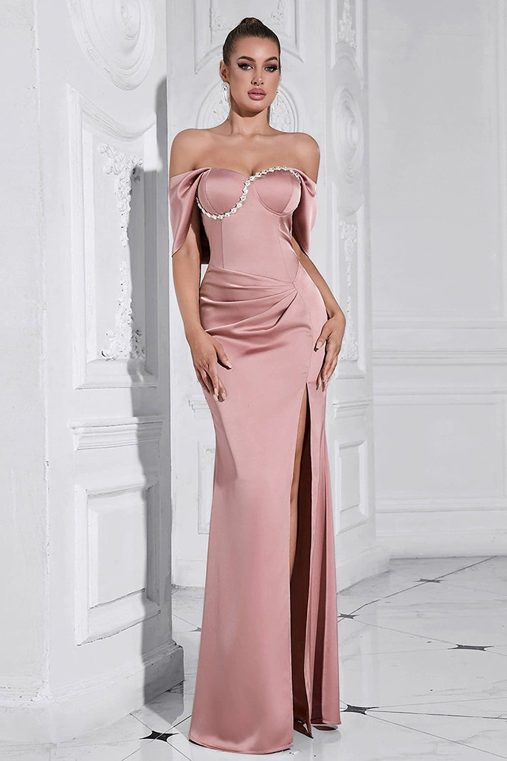Sparkly Grey Pink Sheath Ruched Long Formal Dress with Slit